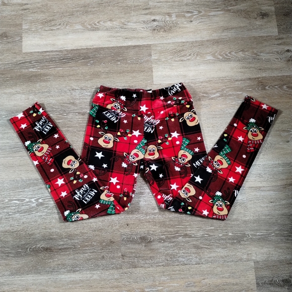 •No Boundaries Junior's M Size 7-8 Christmas Red Plaid Reindeer Fleece Leggings - Picture 3 of 16